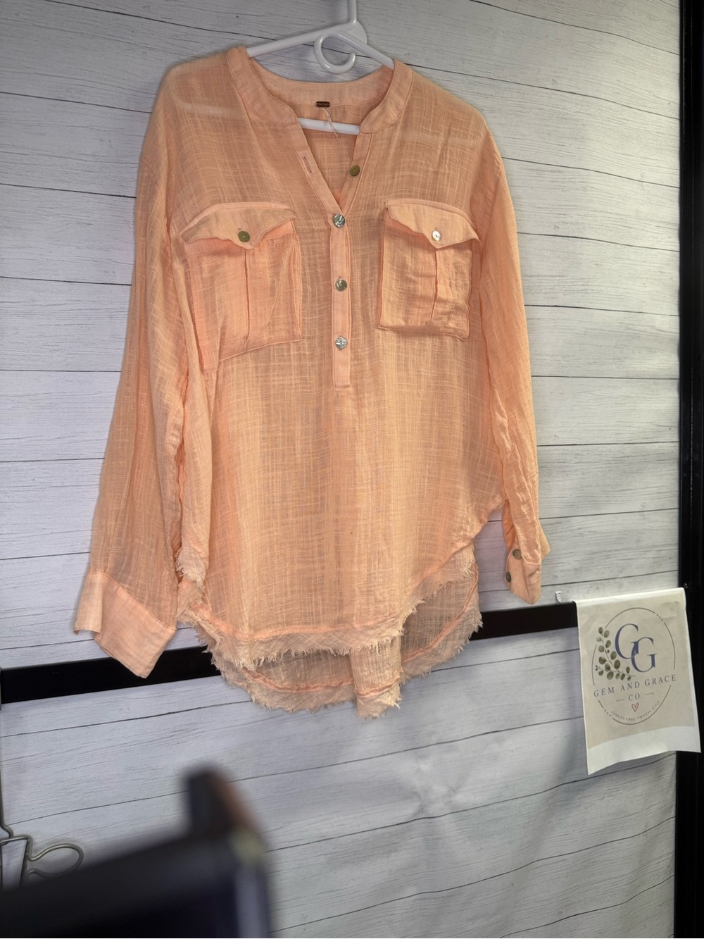 Free People Peach Gauze Raw Hem Oversized Tunic Top M/L Boho Clean Beauty - Picture 9 of 15